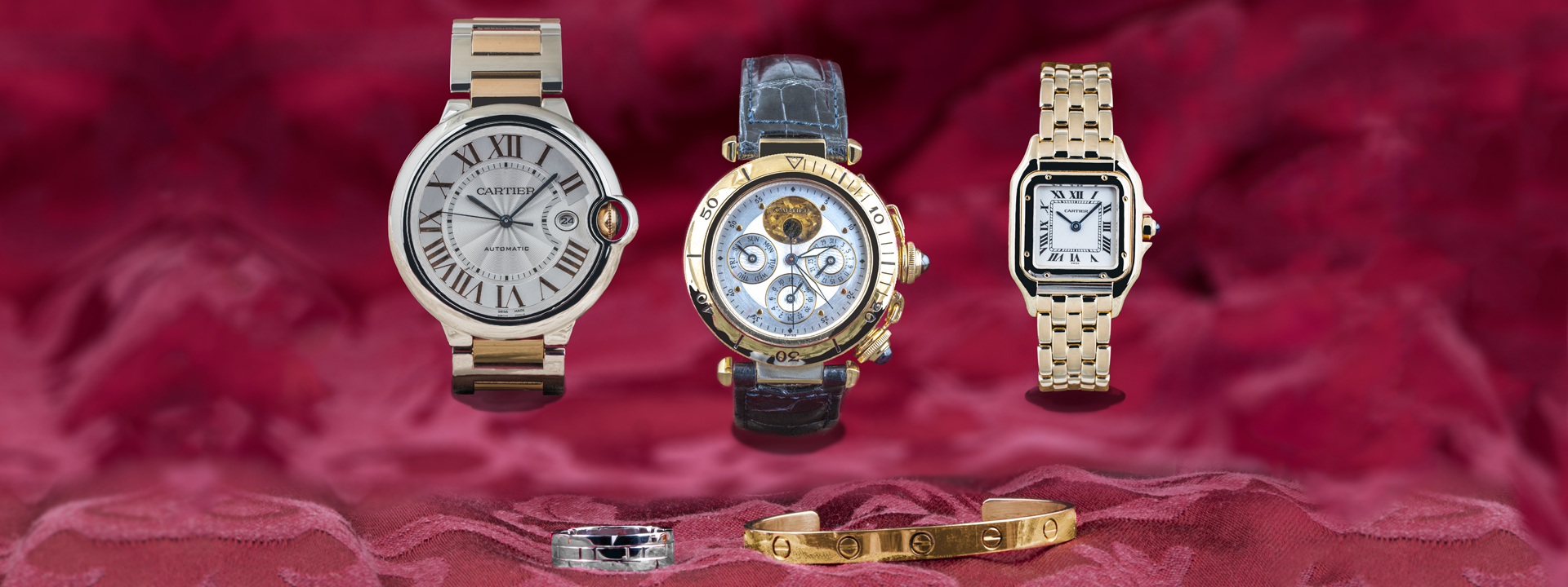 Three pre-owned Cartier watches, vintage yellow gold Cartier LOVE bracelet, and vintage white gold Cartier Tank Francaise ring on red velvet background.