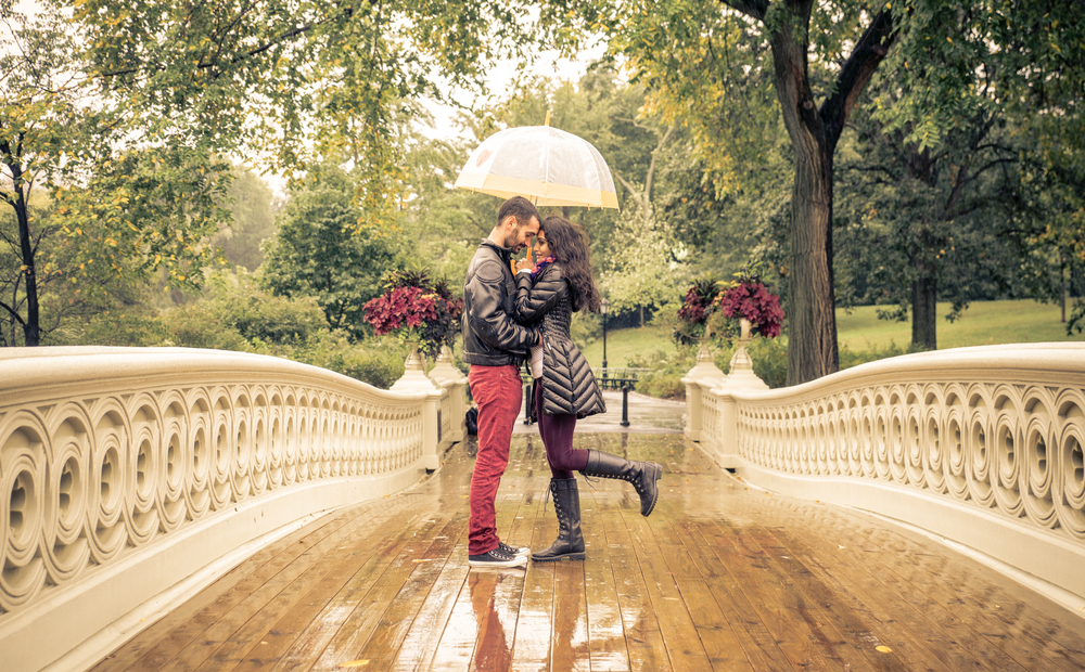 Couple embracing under an umbrella on a bridge in a park.