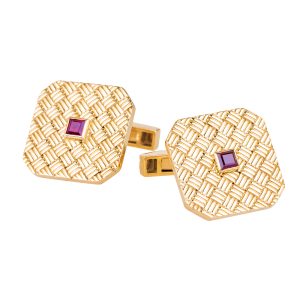 Yellow gold Tiffany & Co. square cufflinks set with ruby centers.