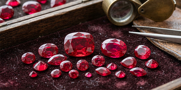 a close-up image of different rubies on a table in various shapes and sizes