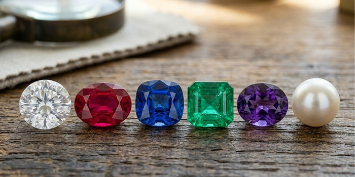 a close-up image of a diamond, ruby, sapphire, emerald, amethyst, and a pearl on a table with a magnifying glass in the background.