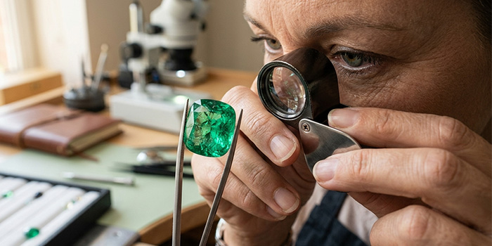 a close-up image of a gemologist using reverse tweezers and a loupe to inspect a emerald