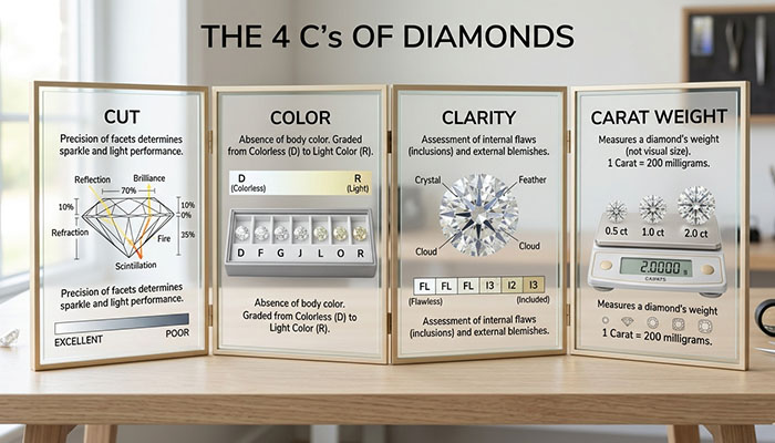 a image of the 4 C's of diamonds: cut, color, clarity, carat weight