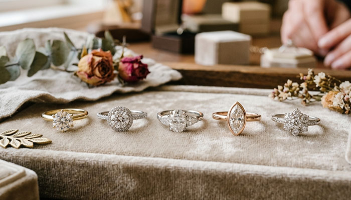 a close-up image of different styles of engagement rings on a table next to dried up flowers