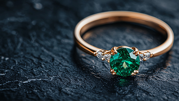 a close up image of an emerald ring on a rock textured table