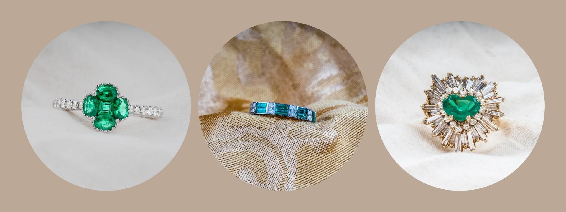Three statement rings in yellow and white gold set with various gemstones and diamonds on fabric backgrounds.