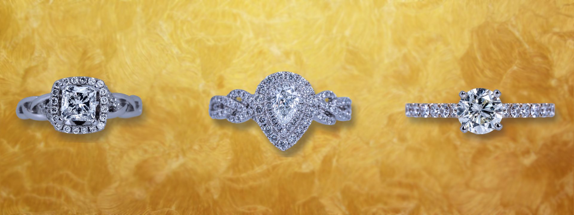 Banner Three diamond engagement rings featuring different settings.