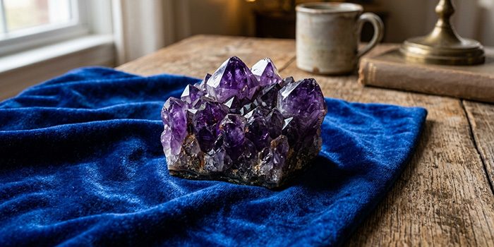 a close-up image of an uncut amethyst on a velvet cloth on a table